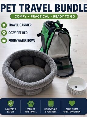 Green Pet Travel Carrier Bundle with Gray Cozy Bed and Bowl